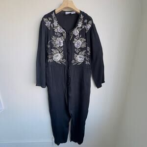 Vintage Sheer Black Romper Embroidered Rayon Jumpsuit Button Long One Piece 8P